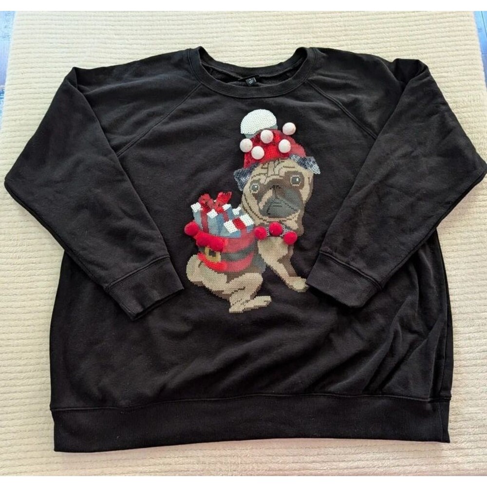 Torrid Plus Size 1 Black Christmas Sequin Santa Pug Dog PomPom Fleece Sweatshirt
